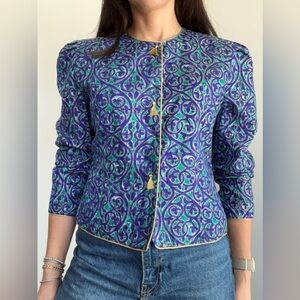 Vintage Boxy Cropped 100% Silk Blazer & Skirt Set Tassel Fringe Buttons Size S